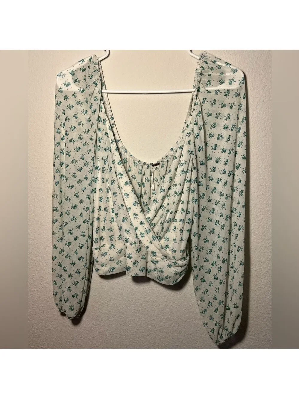 Free People Cream and Green Floral sheer Blouse
